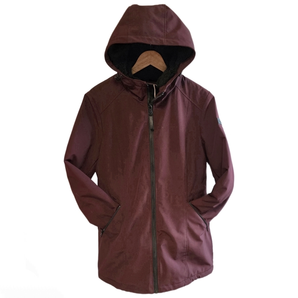 CALVIN KLEIN Women's Burgundy Faux Fur Lined Hooded Zip Up Coat
